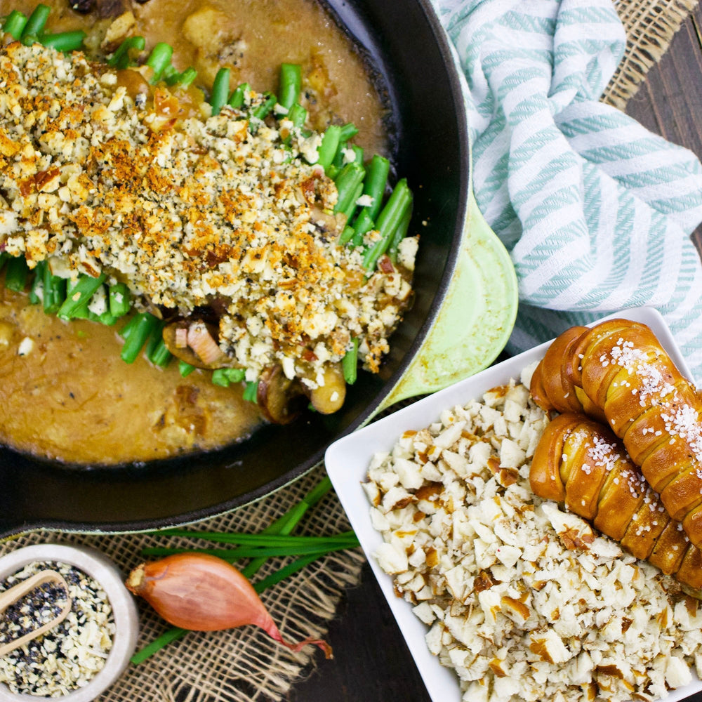 Green Bean Casserole with Soft Pretzel Breadcrumbs