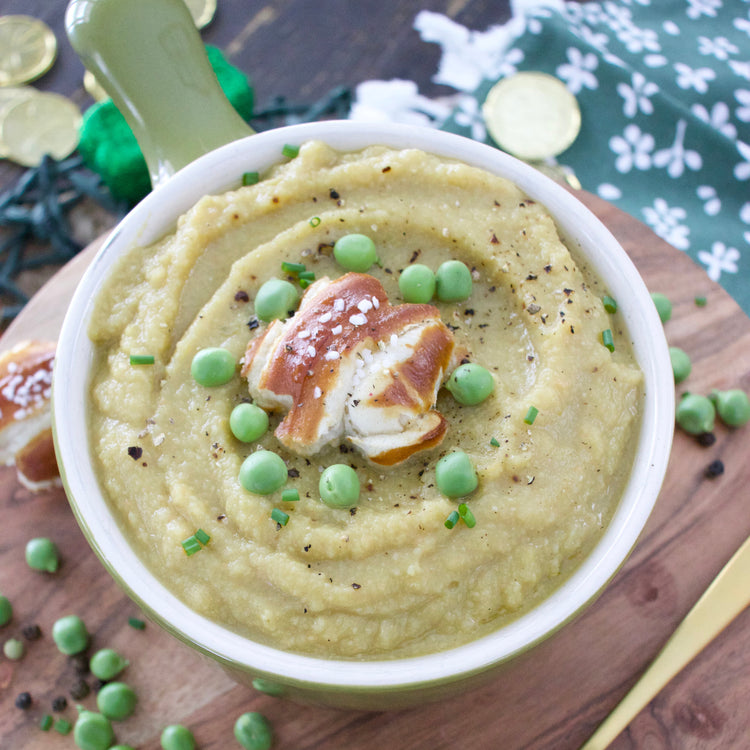 Split Pea Soup with Soft Pretzel Crouton Toppers