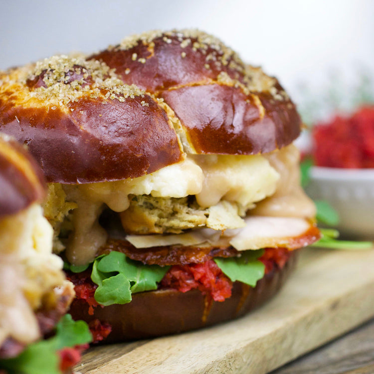 Thanksgiving Leftover Sandwich on a Soft Pretzel Bun