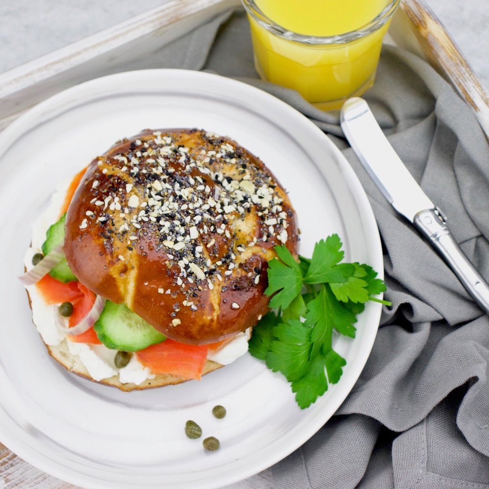 FourSeam Pretzel Bun Smoked Salmon Sandwich