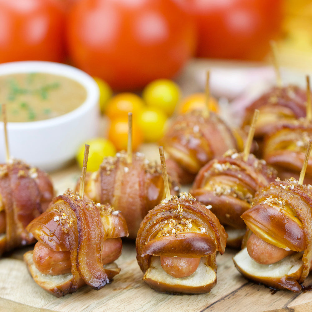 One-Timer Soft Pretzel Bites Bacon Wrapped Mini Hot Dogs