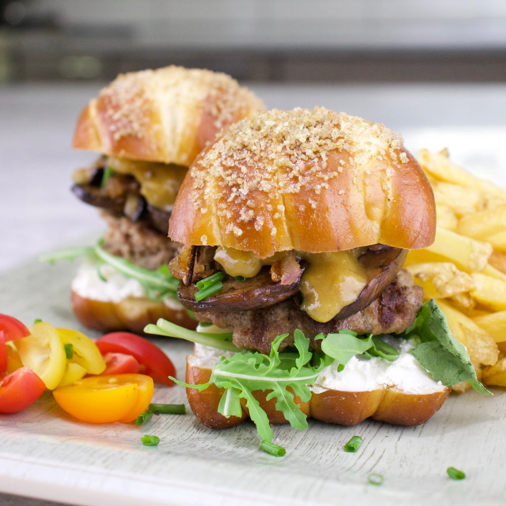 Goat Cheese and Mushroom Sliders on Pretzel Mini Buns